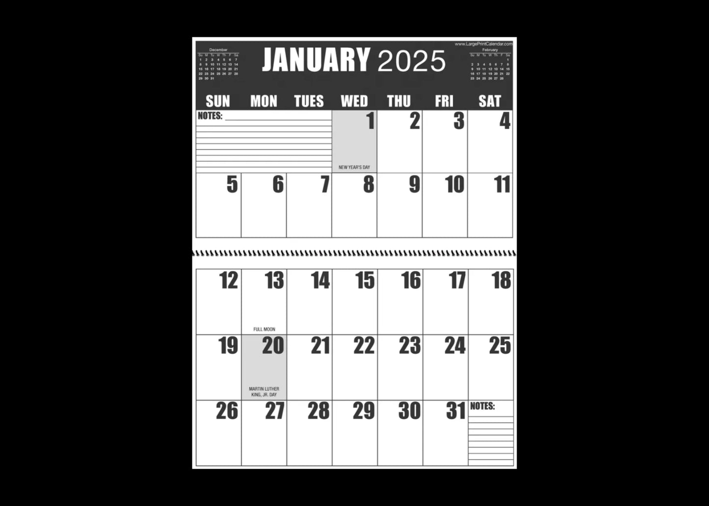 Jumbo Large Print 2025 High Contrast Wall Calendar | Heavy Paper | 13-Months, January 2025 to January 2026 | 17" wide X 22" in length when open.