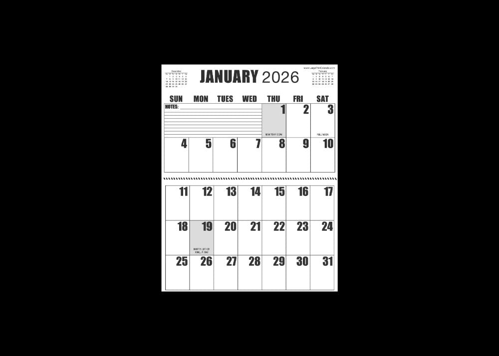 Large Print 2025 Letter Size Wall Calendar |Heavy Weight Paper | 17" x 11" hanging - 11" x 8.5" closed | 13-months, January 2025 to January 2026
