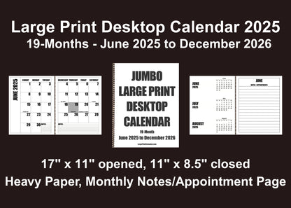 Jumbo Large Print 2025 Desktop Calendar | Heavy Weight Paper | 17" x 11" opened - 11" x 8.5" closed | 19-months, June 2025 to December 2026