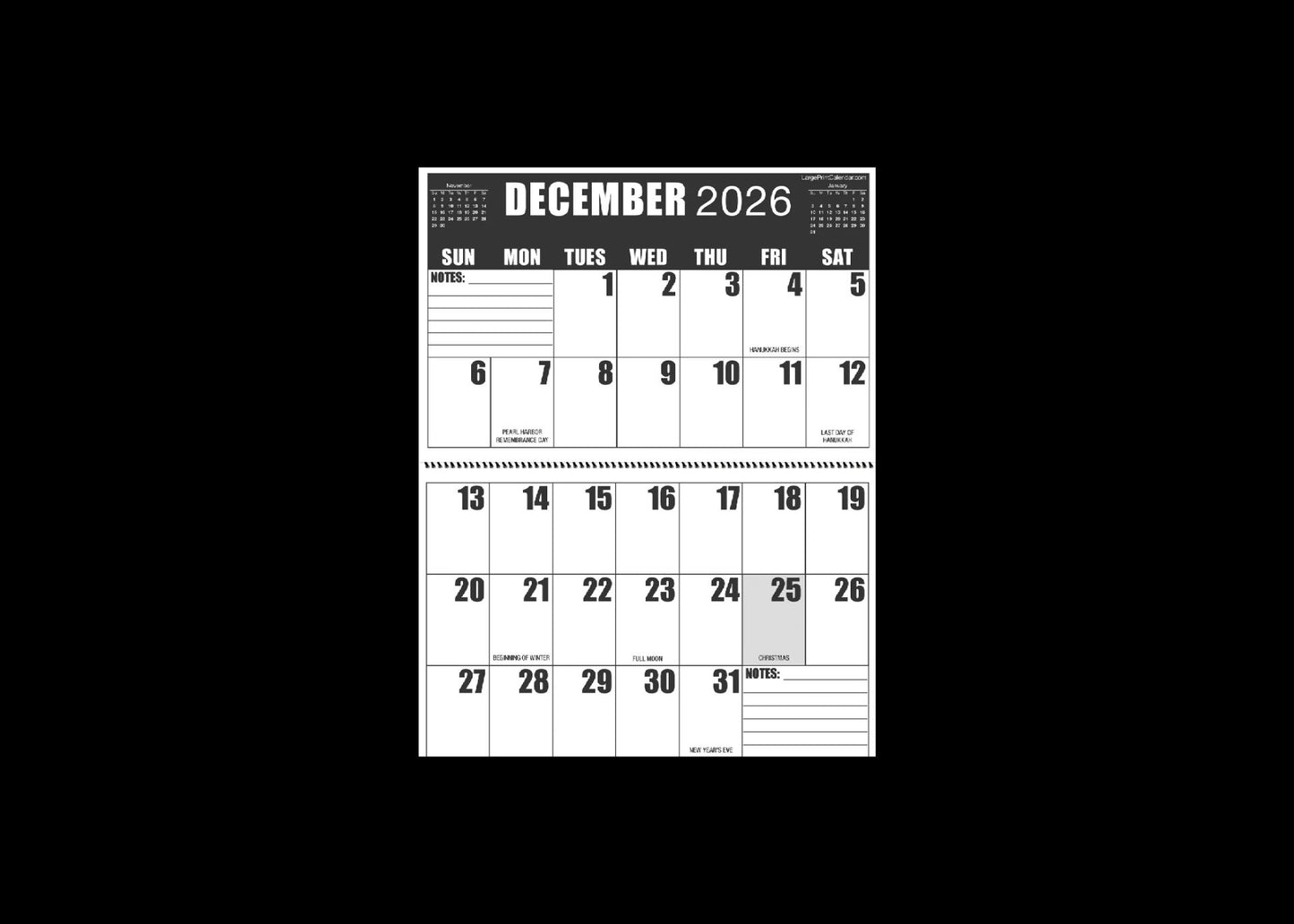 Jumbo Large Print 2025 High Contrast Wall Calendar | Heavy Weight Paper | 17" x 22" open, or closed it is 17" x 11" | 19-months, June 2025 to December 2026