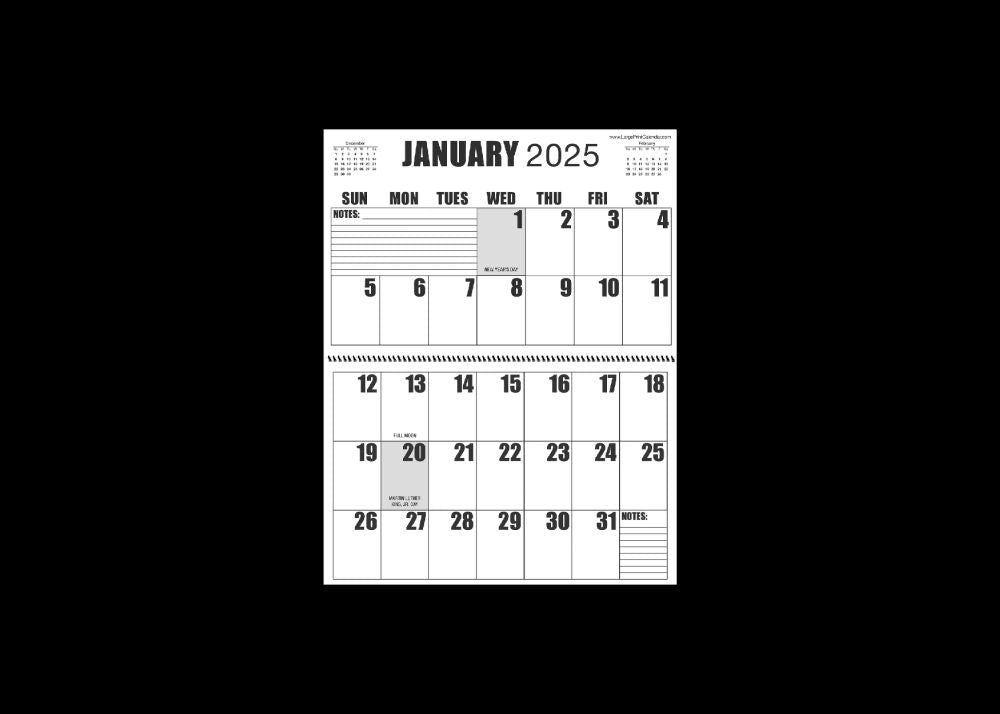 Large Print 2025 Letter Size Wall Calendar |Heavy Weight Paper | 17" x 11" hanging - 11" x 8.5" closed | 13-months, January 2025 to January 2026