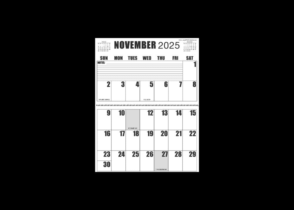 Large Print 2025 Letter Size Wall Calendar |Heavy Weight Paper | 17" x 11" hanging - 11" x 8.5" closed | 13-months, January 2025 to January 2026