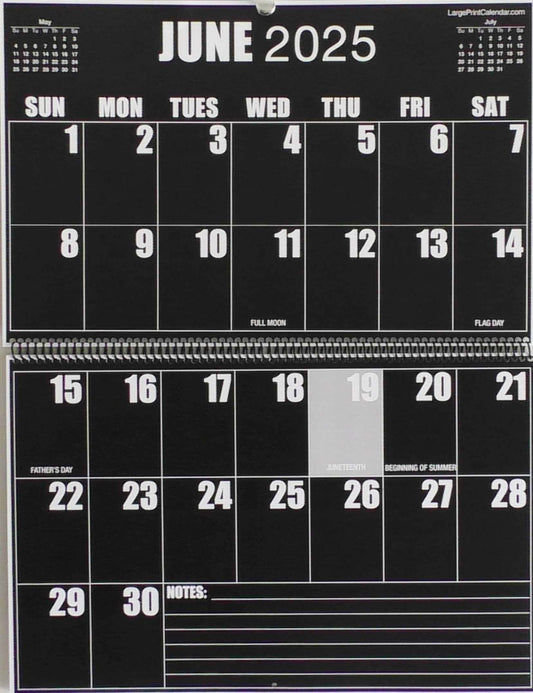 High-contrast Invert Calendar | 19-months, June 2025 to December 2026 | Jumbo Large Print | Heavy Paper | 17" wide X 22" in length when open